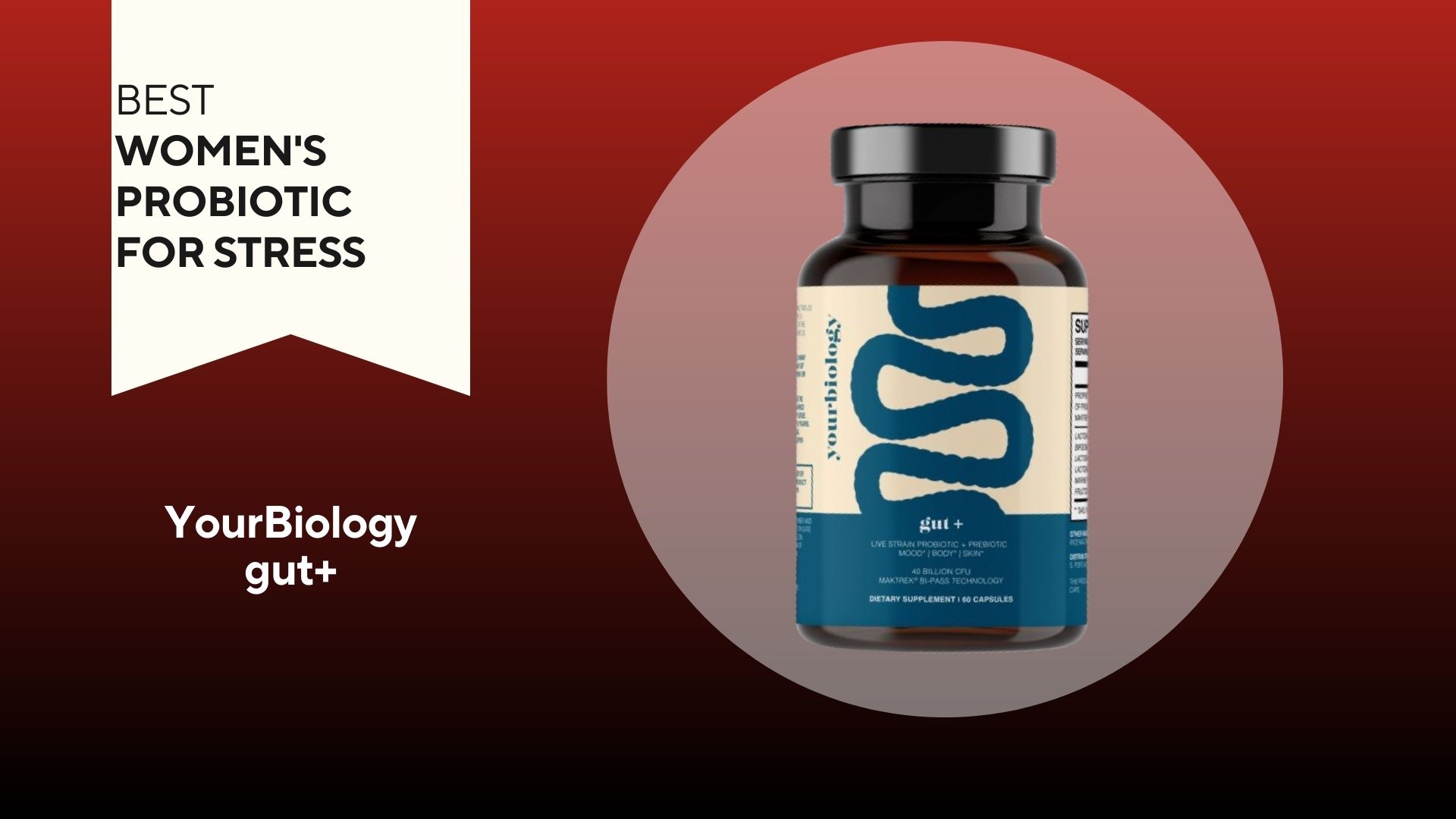 A red background with a white banner that says, "Best Women's Probiotic for Stress" next to a tan and navy bottle of Your Biology gut plus